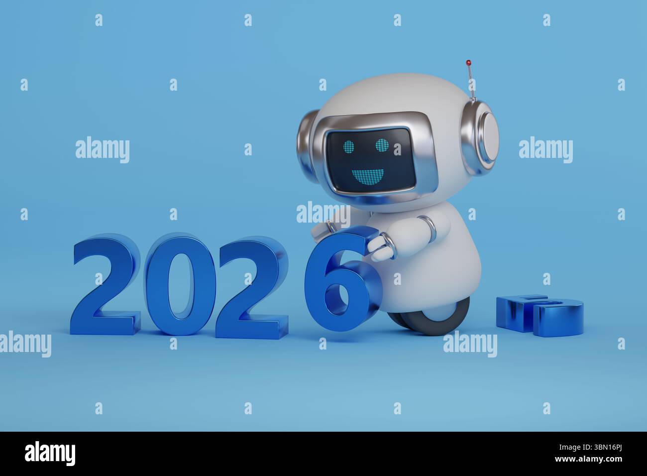 Année 2026 en trois dimensions avec robot mignon sur fond bleu. Concept du nouvel an. illustration 3d. Banque D'Images