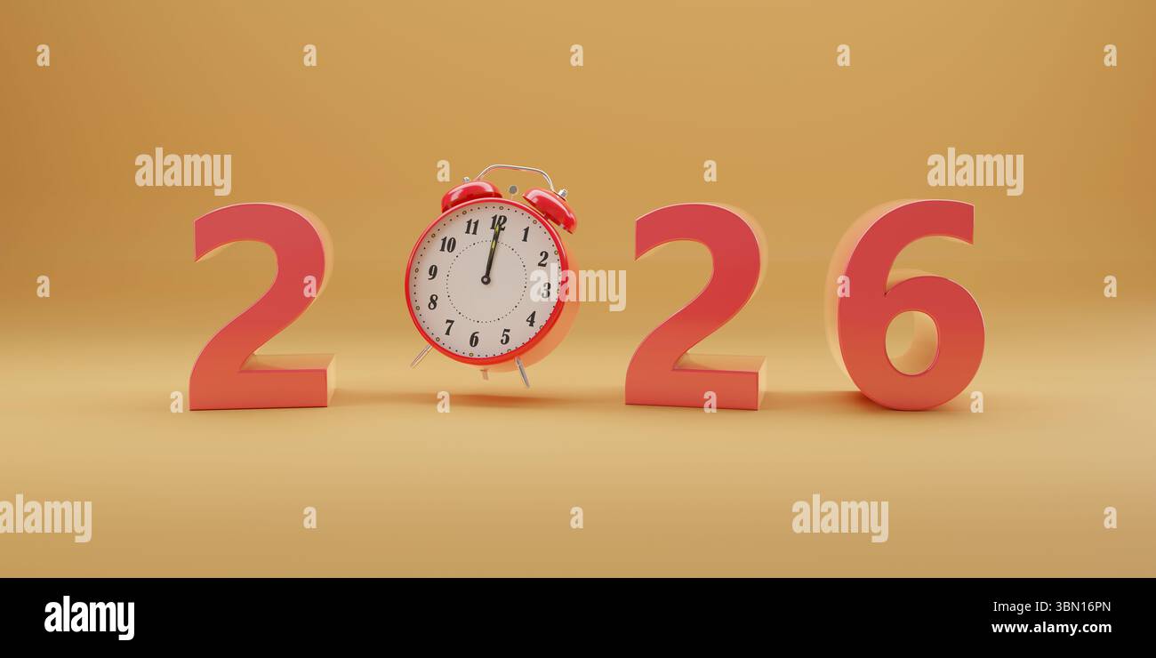 Année 2026 en trois dimensions avec horloge isolée. Concept du nouvel an. illustration 3d. Banque D'Images