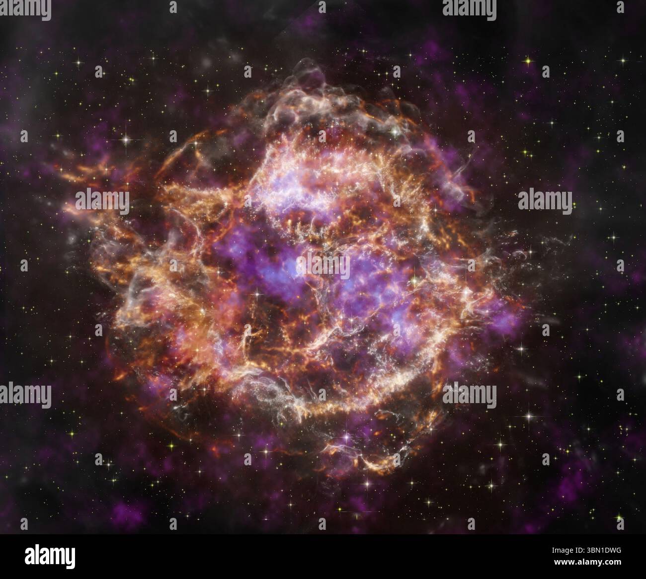 Un reste coloré de supernova Cassiopée A capturé dans de multiples longueurs d'onde, révélant des filaments complexes de gaz chaud et de poussière. Image reproduite avec l'aimable autorisation de la NASA Banque D'Images