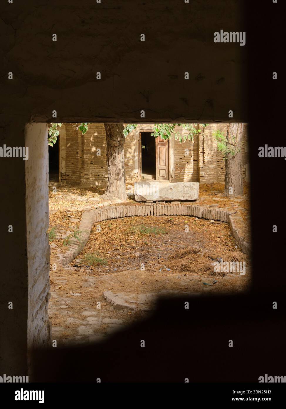 La vue à travers la porte d'entrée au calme, feuille couverte cour.at le local, quartier, moitié enterrée Sharafboy Madrasah à Qarshi, Ouzbékistan. Banque D'Images