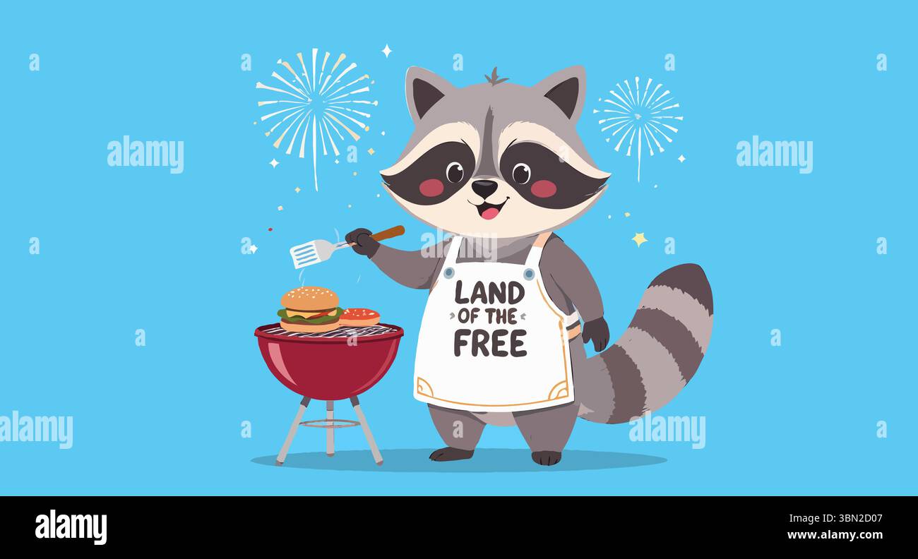 Raton laveur mignon portant un tablier avec les mots Land des hamburgers grillés gratuits et des hot dogs avec des feux d'artifice en arrière-plan Illustration de Vecteur