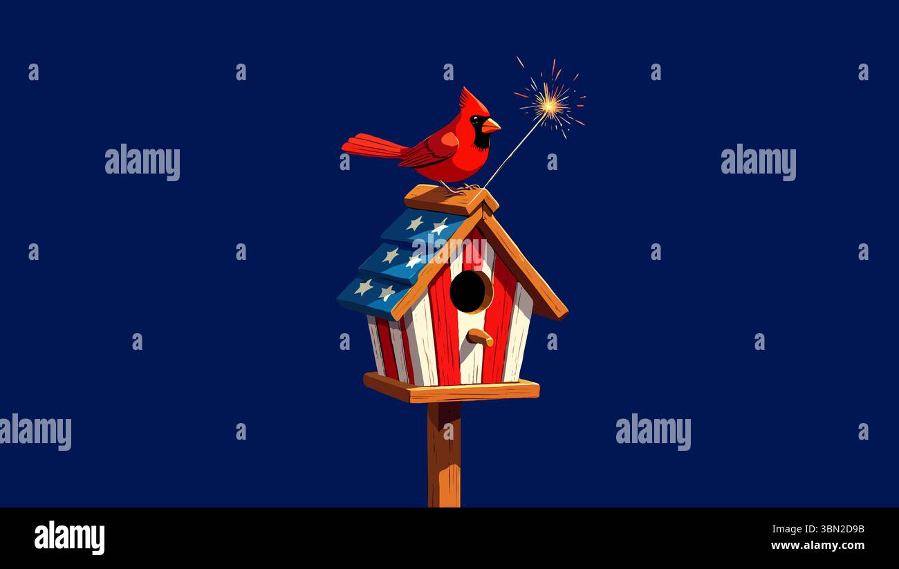 Cardinal rouge vif perché sur un nichoir étoilé patriotique tenant un scintillant Illustration de Vecteur