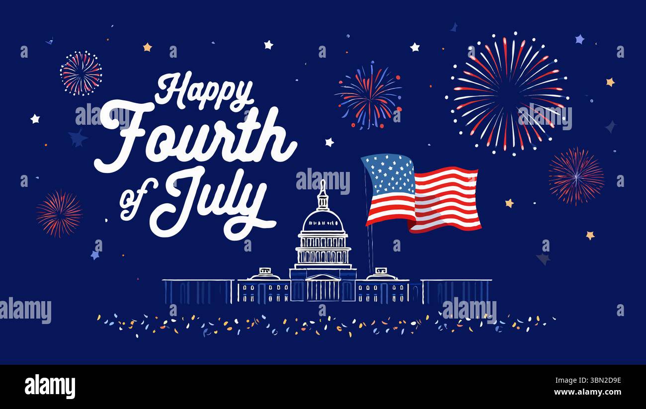 Bonne célébration du quatrième juillet avec des feux d'artifice sur le bâtiment du capitole et le drapeau américain Illustration de Vecteur