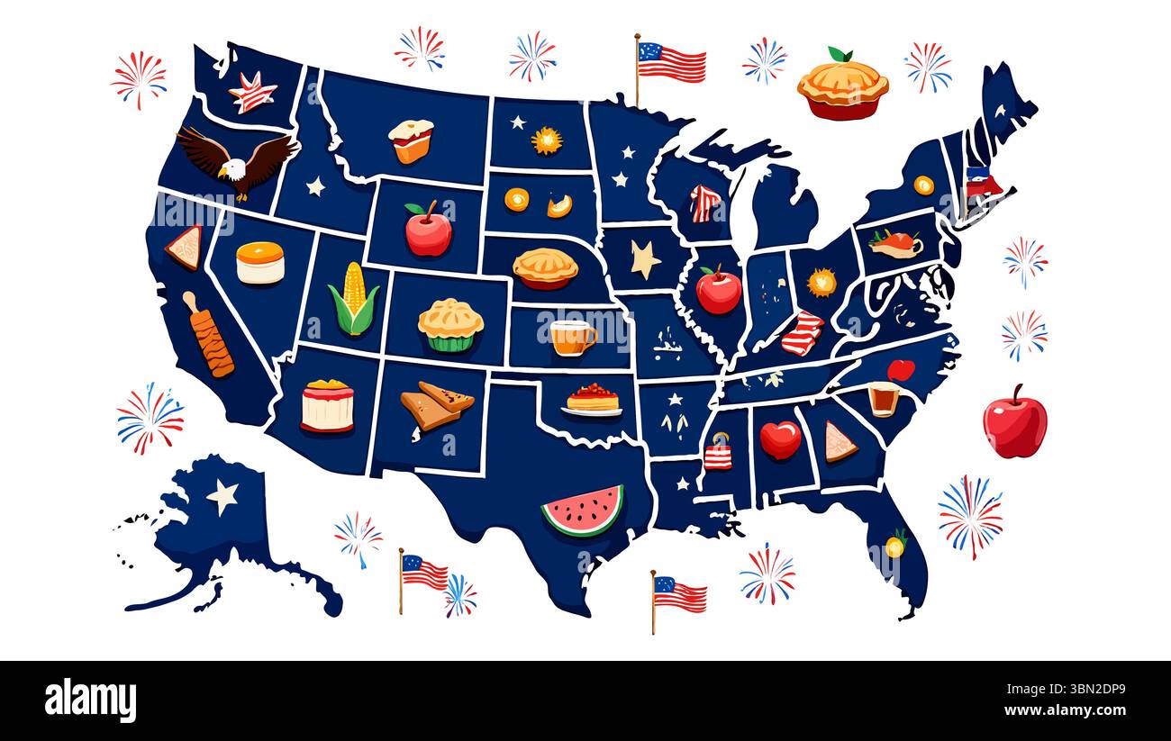 Carte des états-Unis remplie de symboles américains emblématiques et d'aliments célébrant la fierté nationale et les fêtes Illustration de Vecteur