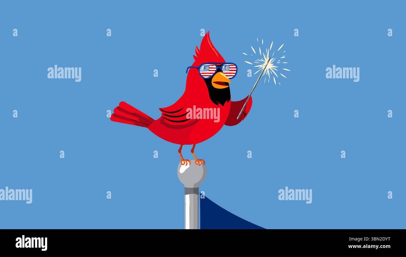 Un cardinal rouge joyeux portant des lunettes de soleil patriotiques tient un scintillant sur un ciel bleu vif Illustration de Vecteur