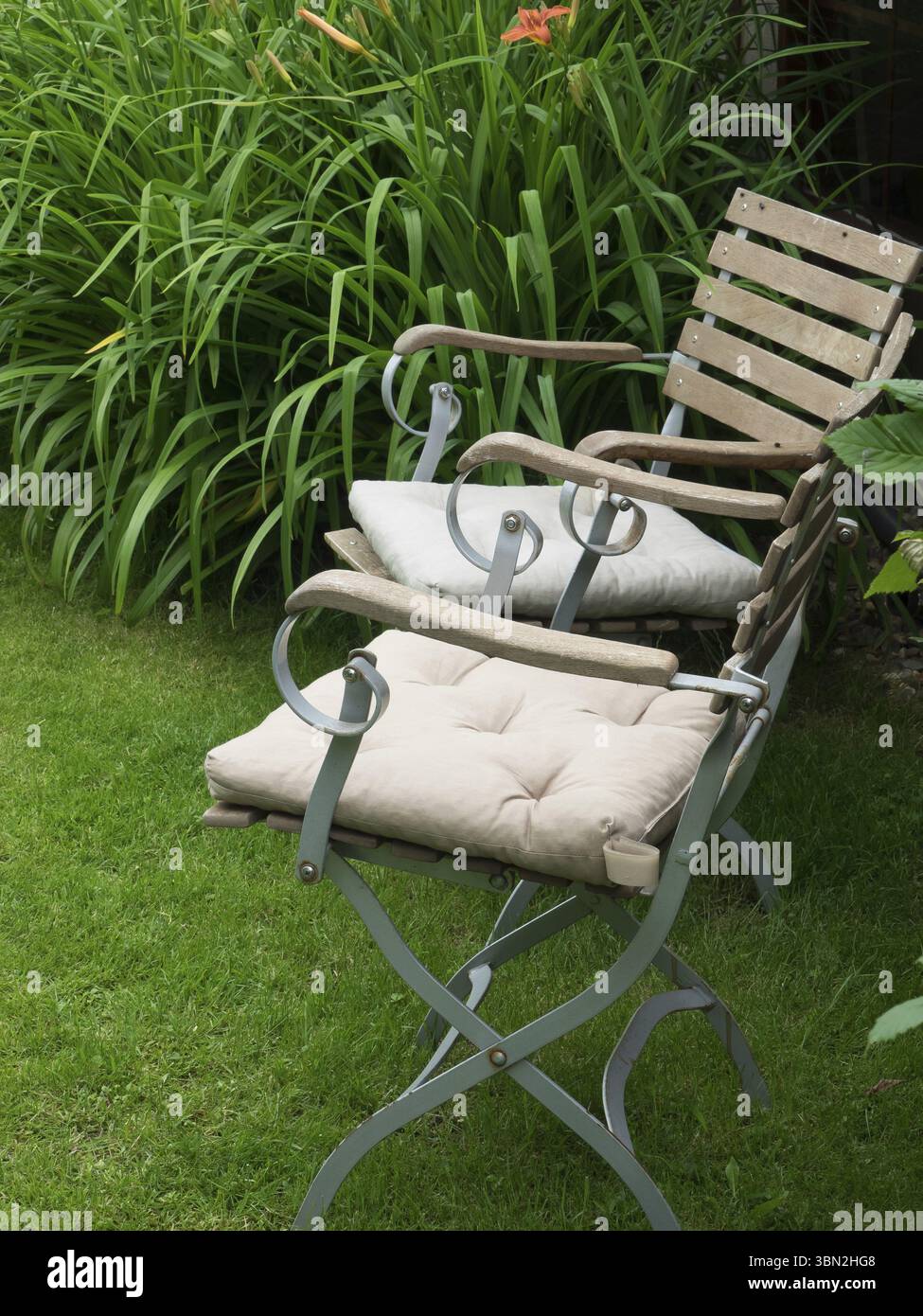 Deux chaises en bois avec coussins dans un jardin verdoyant, invitant, Borken, muensterland, Allemagne, Europe Banque D'Images