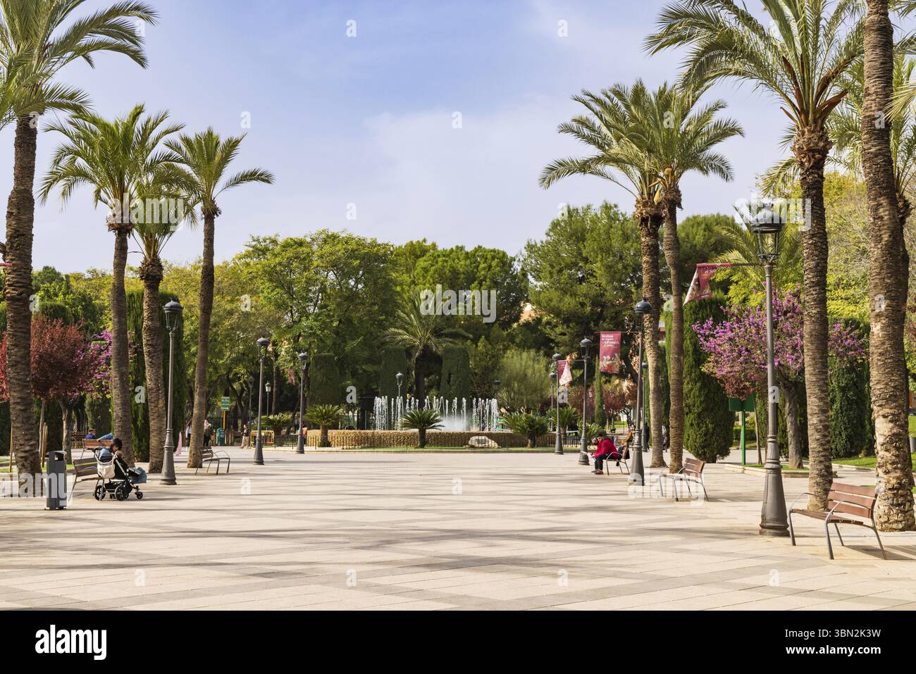 Molina de Segura, Espagne - 29 mars 2022: Parc principal avec des arbres de PAM et une grande fontaine dans la région de Molina de Segura Murcia en Espagne Banque D'Images