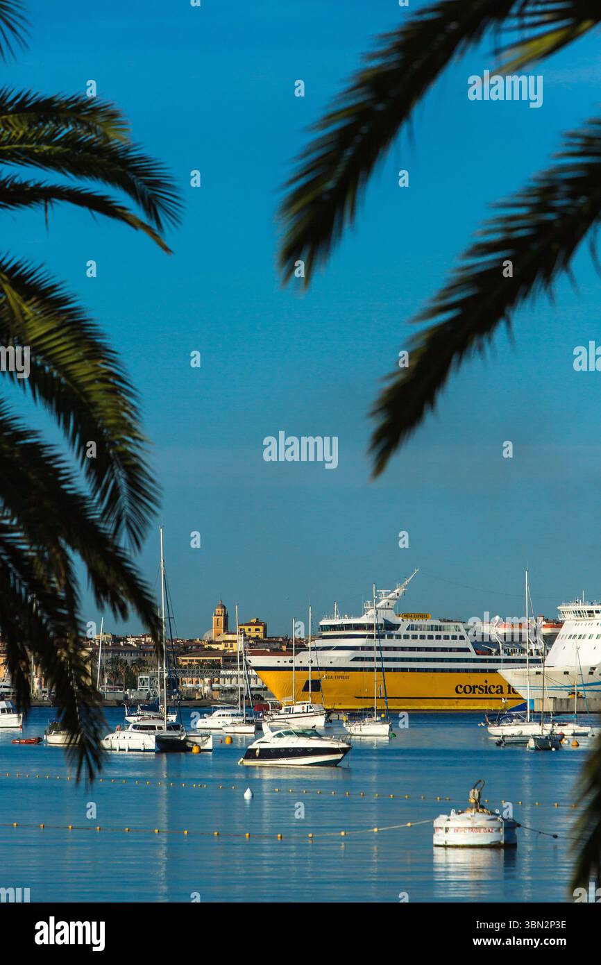 FRANCE.CORSE DU SUD (2A) AJACCIO.PORT DE PLAISANCE D'AMIRAUTÉ.LES FERRIES DE CORSE ET LES FERRIES MERIDIONALE AMARRÉS Banque D'Images