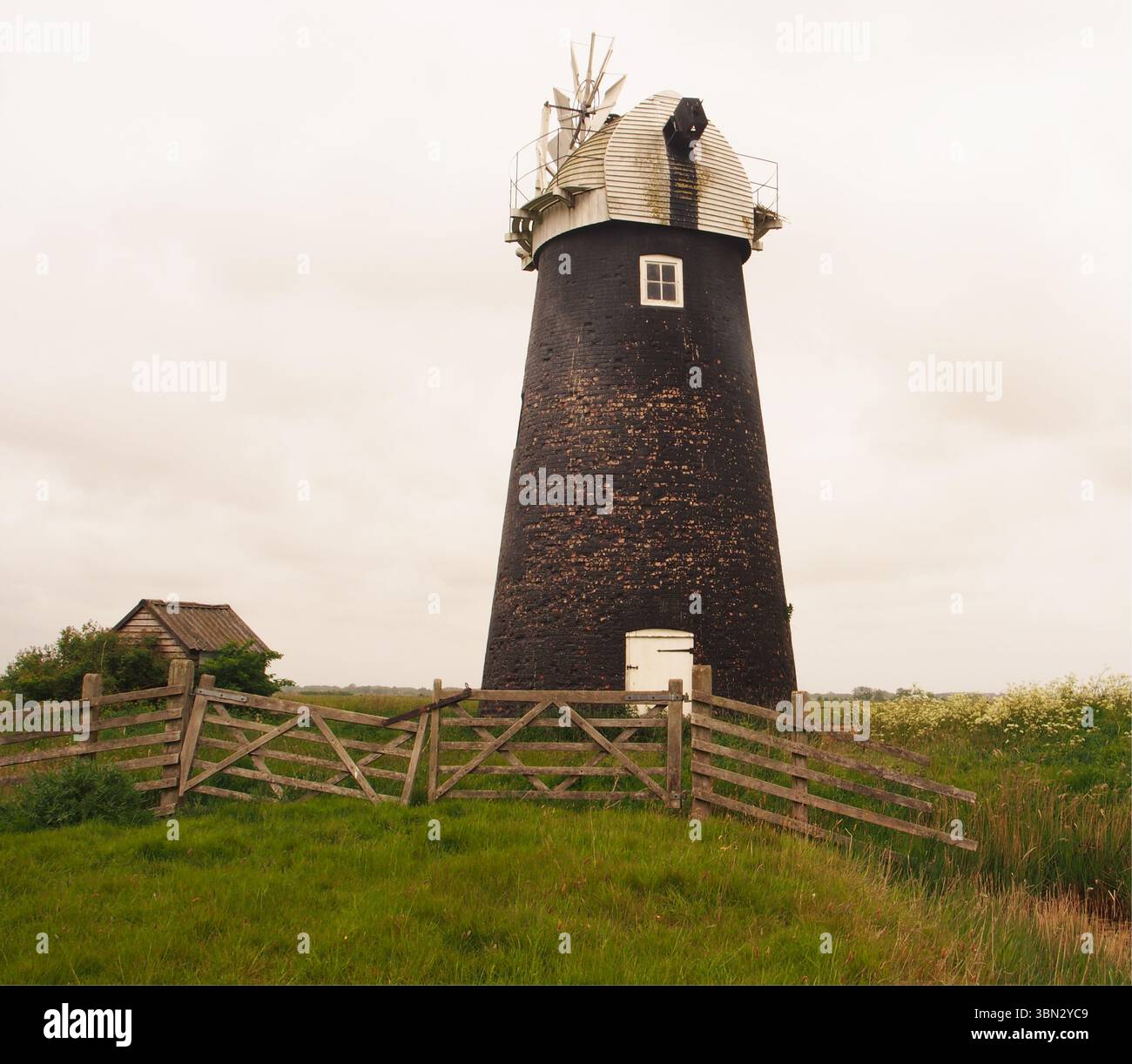 Un moulin à vent, debout, dans des terres agricoles ouvertes sur les marais de South Walsham montrant des clôtures de bétail, grand espace ouvert et ciel, Norfolk, Angleterre Royaume-Uni Banque D'Images