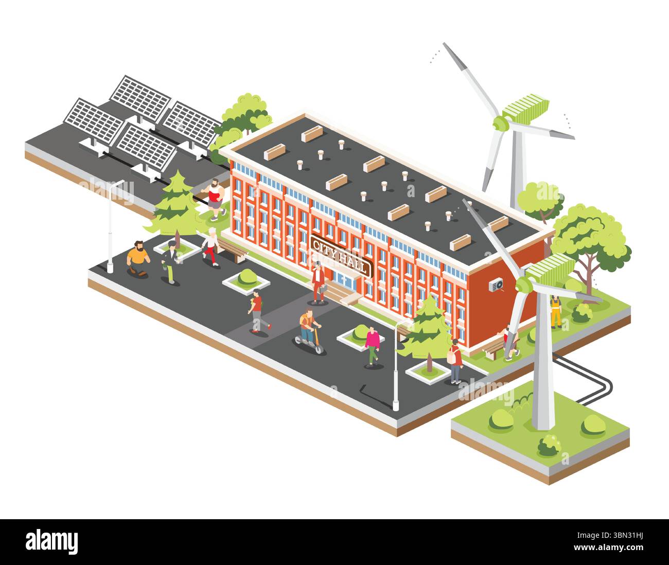 Illustration isométrique d'un hôtel de ville entouré d'arbres, de personnes, de panneaux solaires et d'éoliennes. Scène urbaine durable avec énergie verte. Illustration de Vecteur