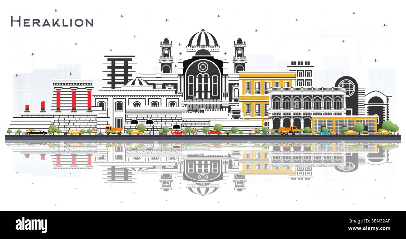 Héraklion Grèce Crete City Skyline avec des bâtiments de couleur et des reflets isolés sur blanc. Illustration vectorielle. Concept avec Historic. Illustration de Vecteur