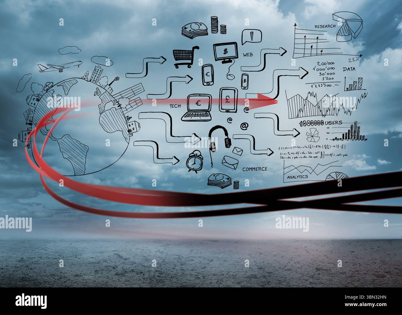 L'infographie dessinée à la main flotte au-dessus d'une mer calme et d'un ciel nuageux, montrant le flux de données du commerce technologique Banque D'Images