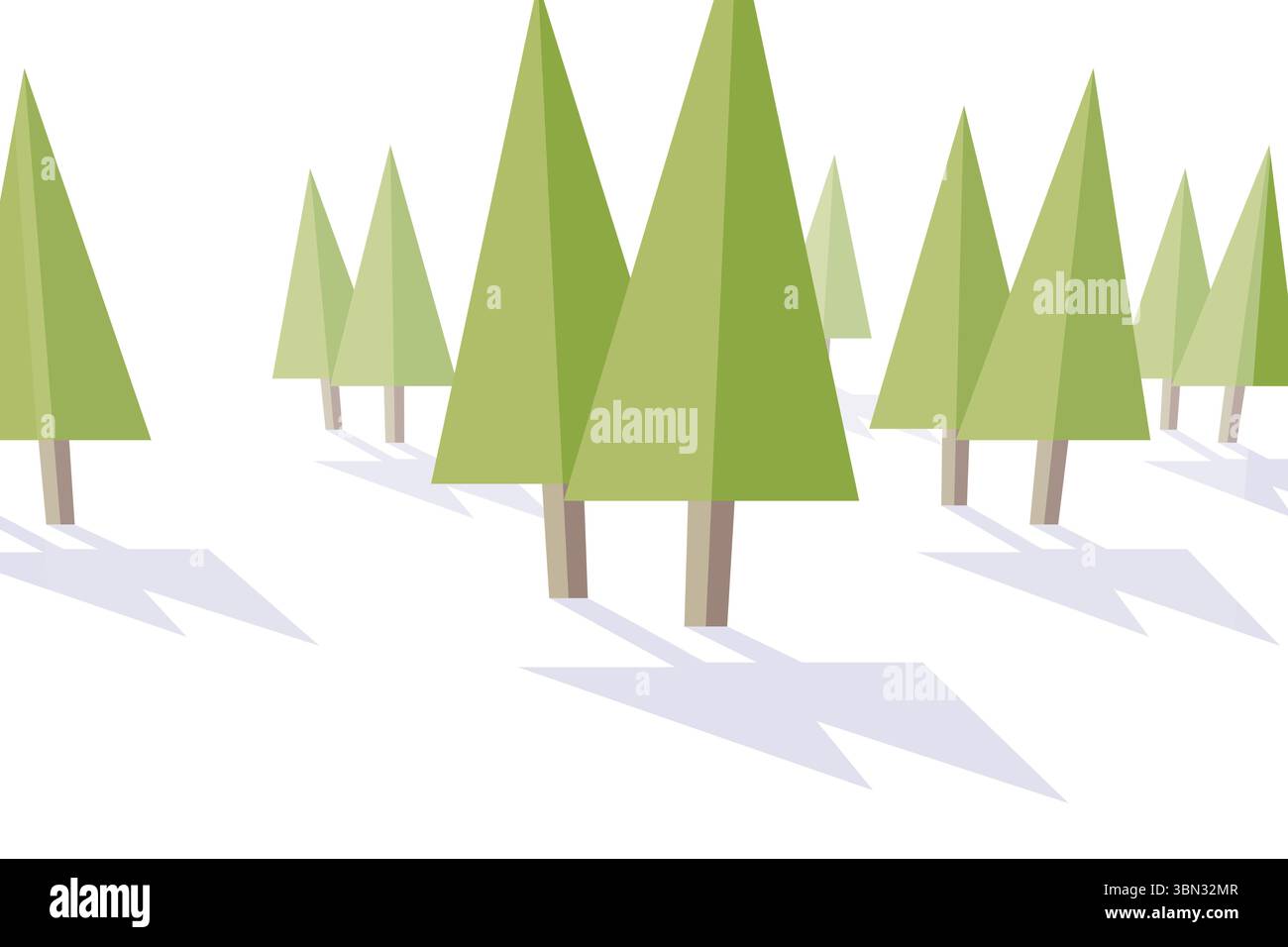 L'arbre de pin de conception plate se tient parmi les arbres verts bruns-tronqués sur blanc, projetant de longues ombres Banque D'Images