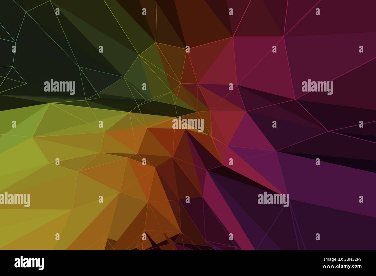 Un tableau de polygones triangulaires colorés forme un dégradé de bas-poly sur fond transparent Banque D'Images