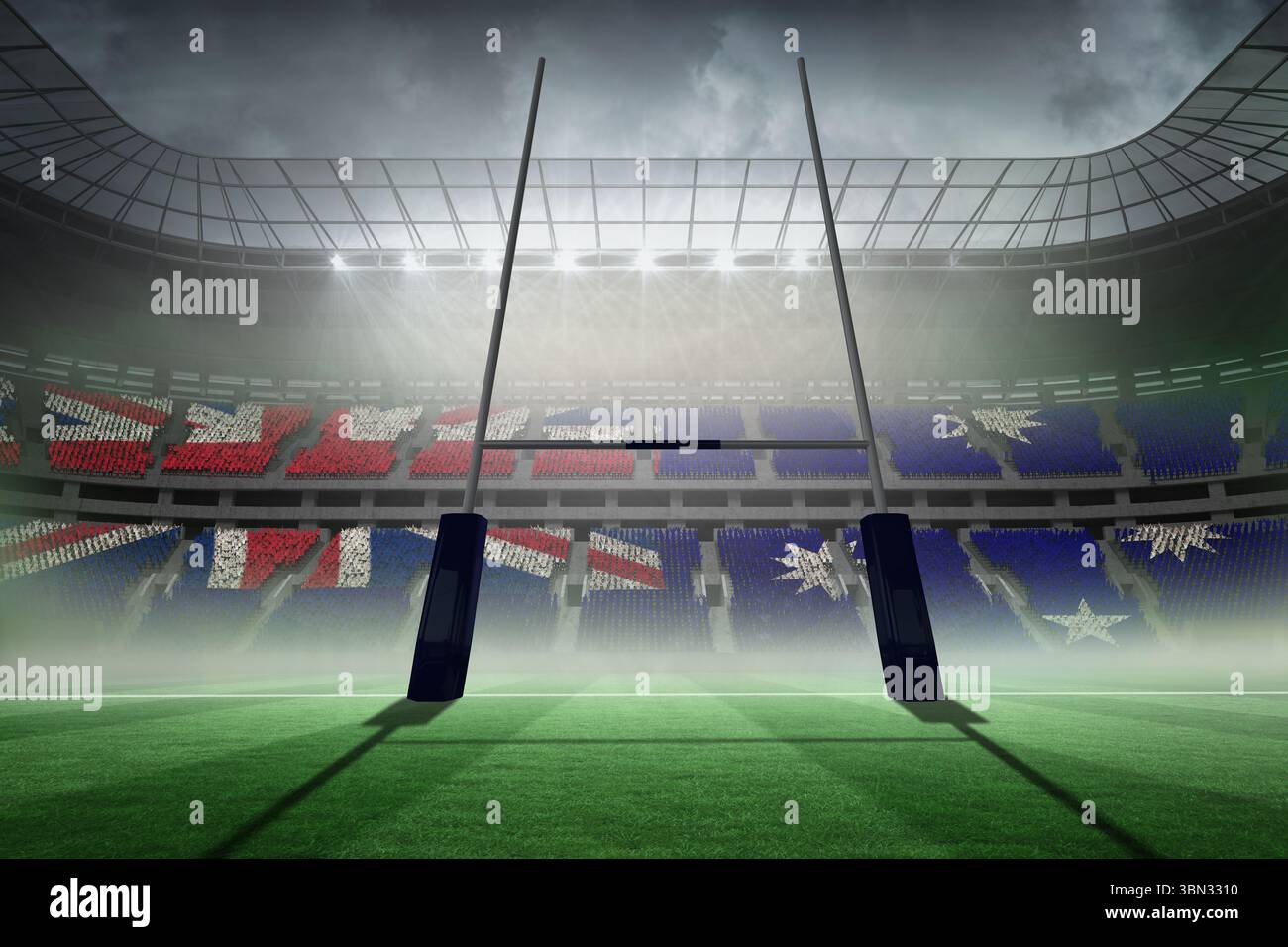 Le poteau de but de rugby se tient debout dans un stade plat en gazon, avec des sièges à motif drapeau et de la brume Banque D'Images