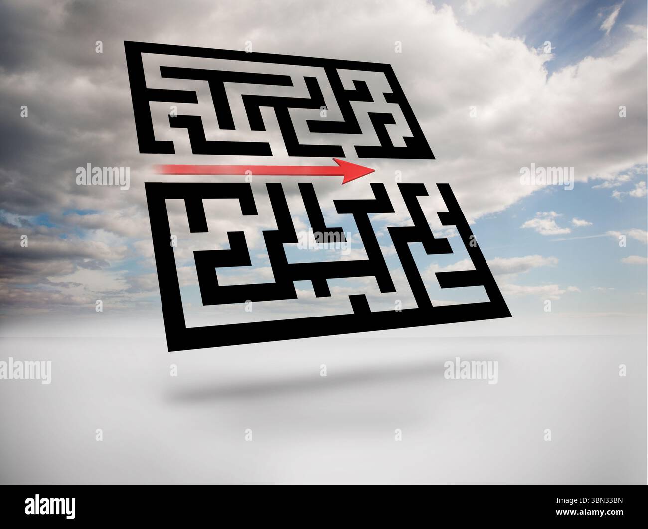 Deux labyrinthes noirs flottent au-dessus du plan réfléchissant sous le ciel nuageux avec flèche rouge, conception plate Banque D'Images