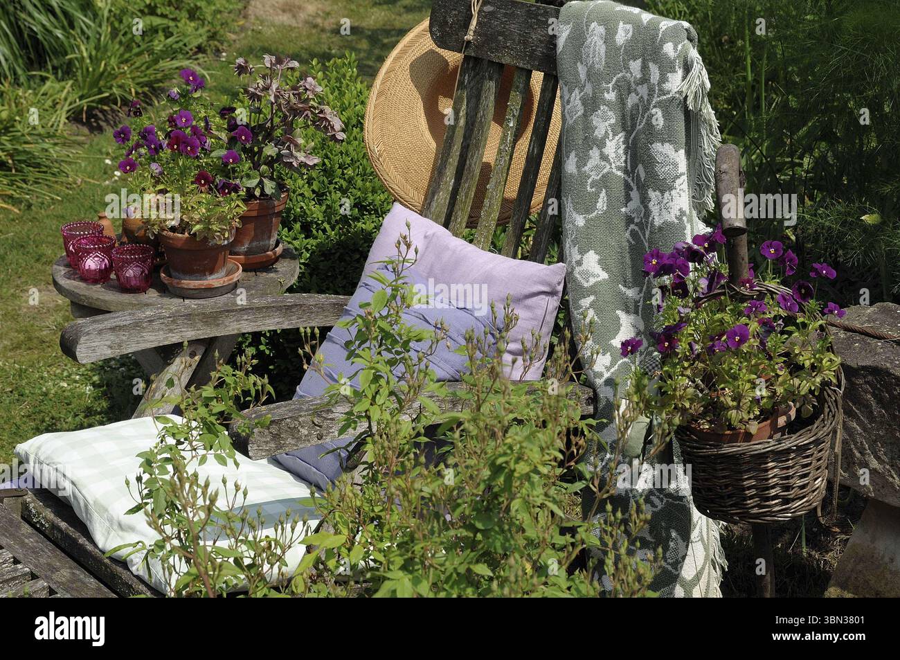 Chaise de jardin avec fleurs et décoration pour la détente en plein air, Borken, westphalie, muensterland, allemagne Banque D'Images