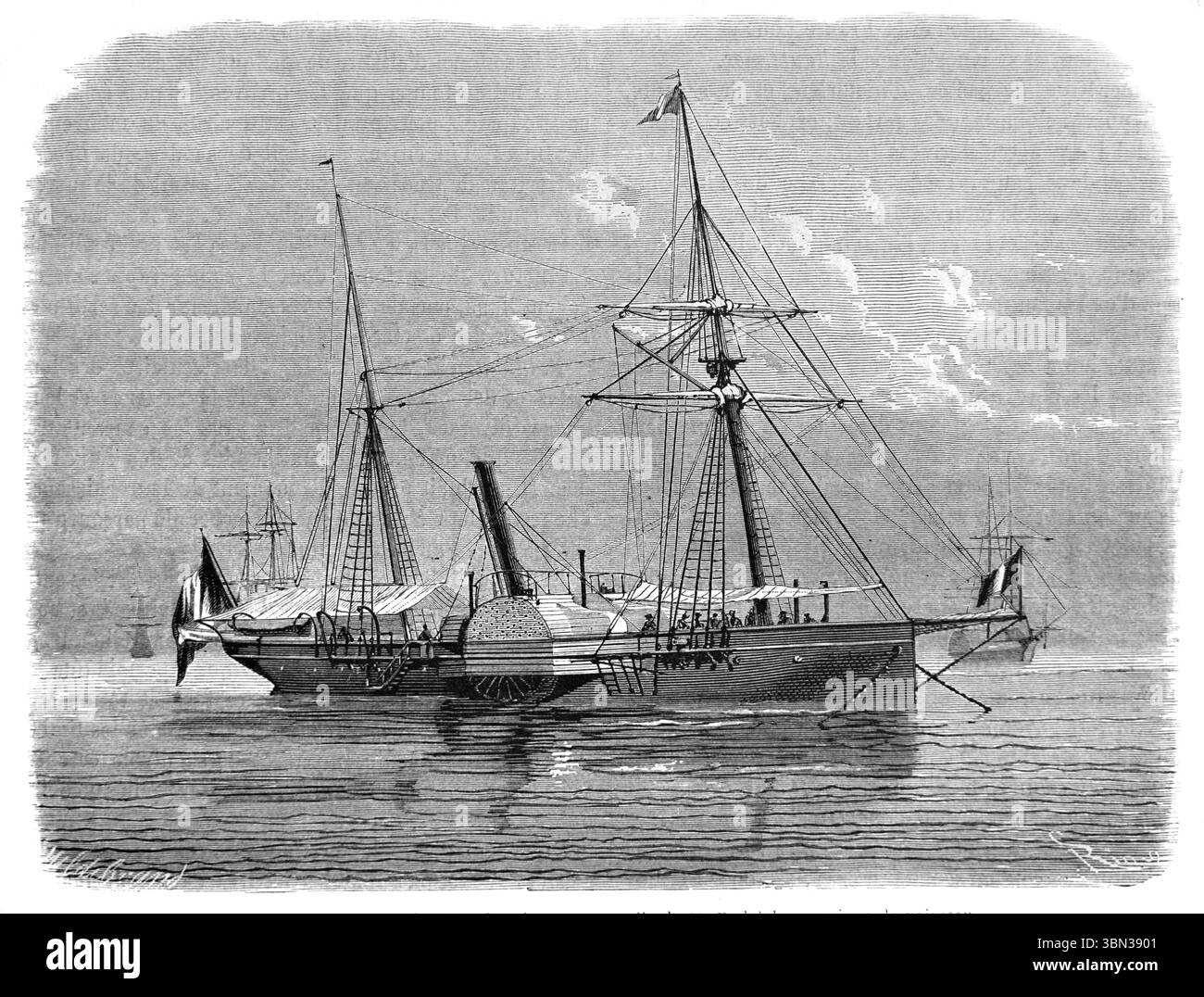 Petit navire de guerre français ou Corvette, l'Alecton (1859-1861) France. Gravure vintage ou historique ou illustration 1866 Banque D'Images