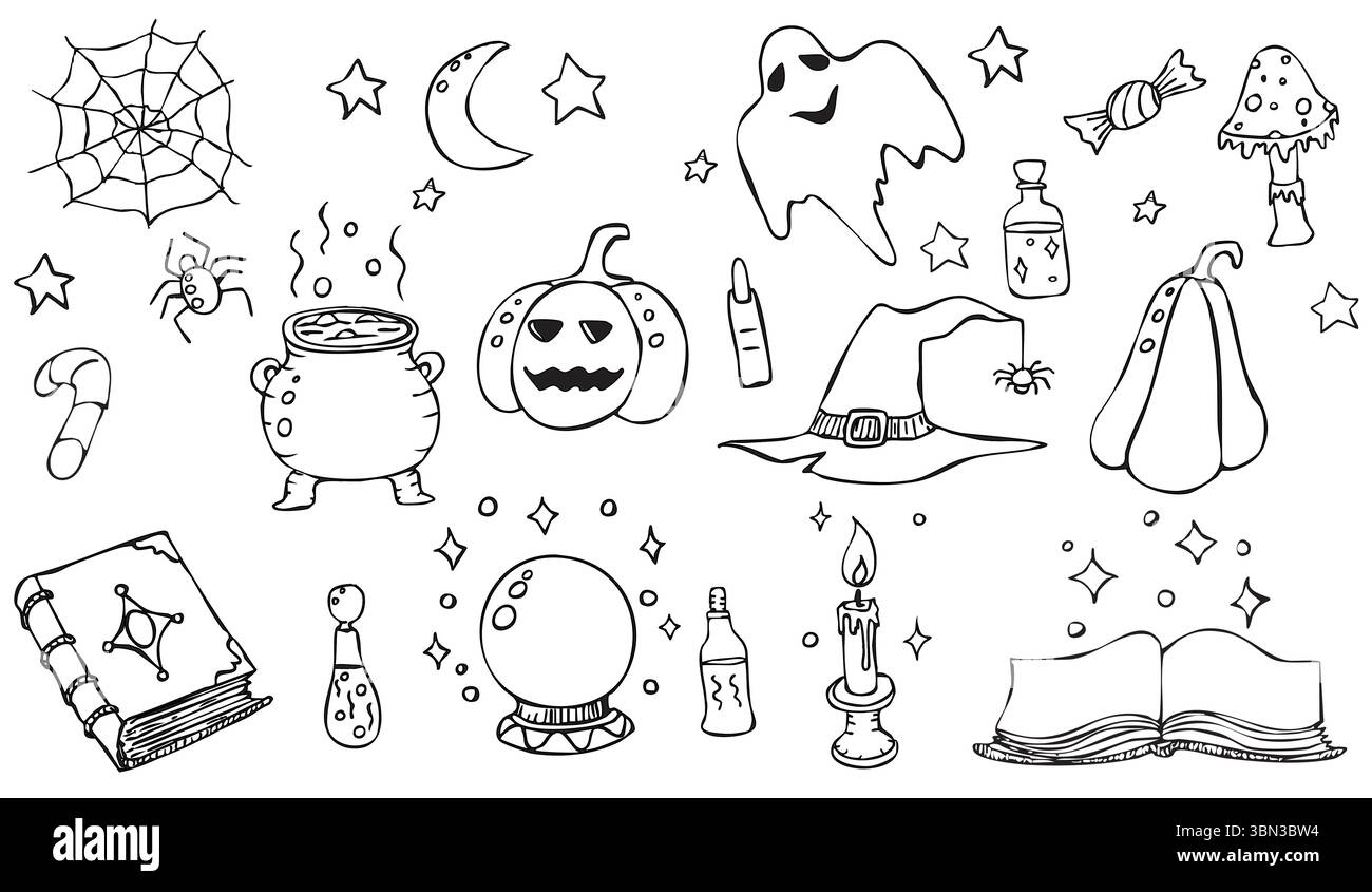 Un ensemble d'halloween dessiné à la main avec beaucoup d'éléments de style doodle. Illustration de Vecteur