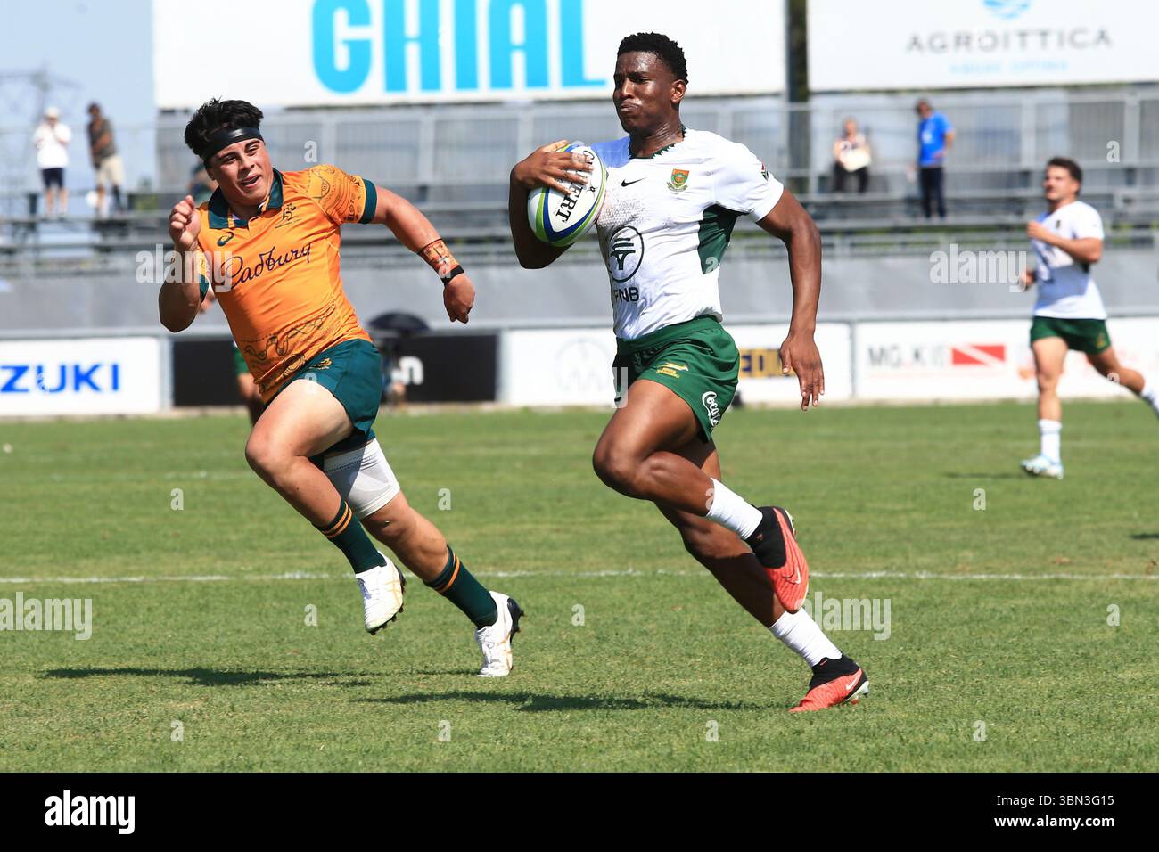 Calvisano, Italie. 29 juin 2025. Le joueur sud-africain Siyabonga Ndlozi marque un essai lors du match du Championnat du monde de rugby U 20 entre l'Australie et l'Afrique du Sud au San Michele Stadium. (Crédit : Federico Zovadelli/Alamy Live News) Banque D'Images