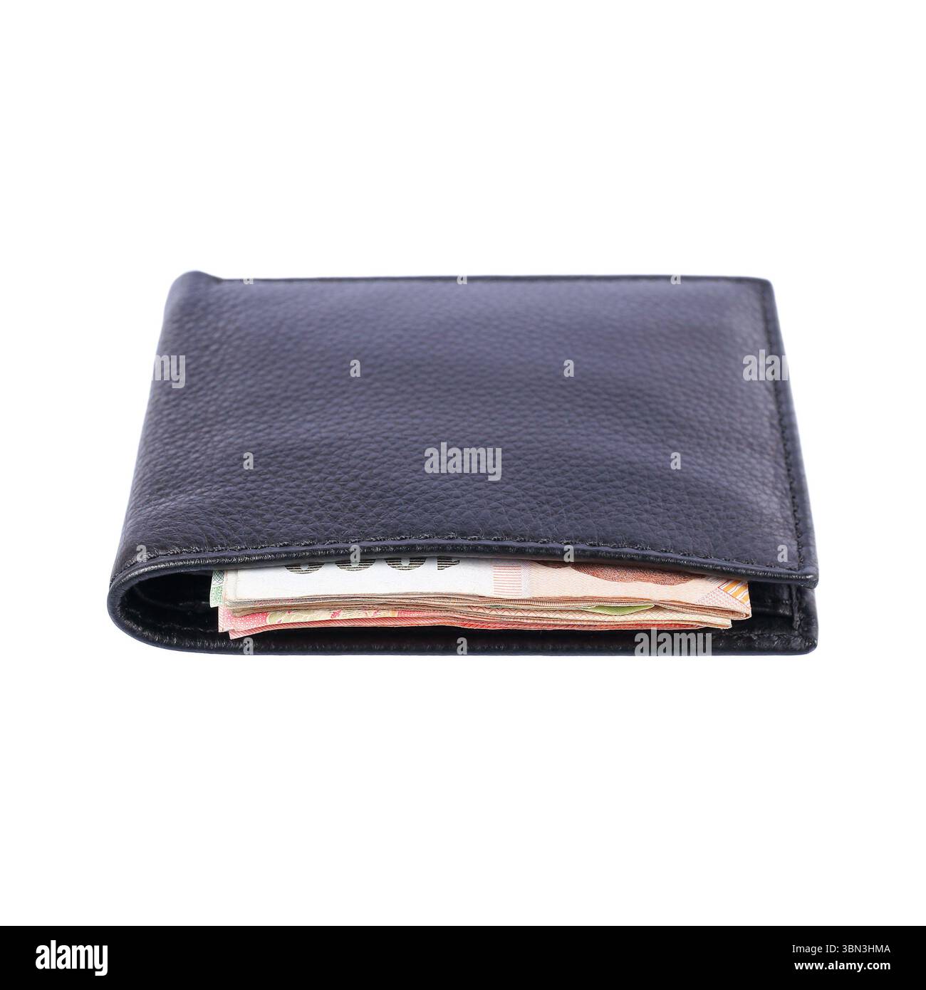 c'est de l'argent en cuir noir portefeuille isolé sur blanc. Banque D'Images