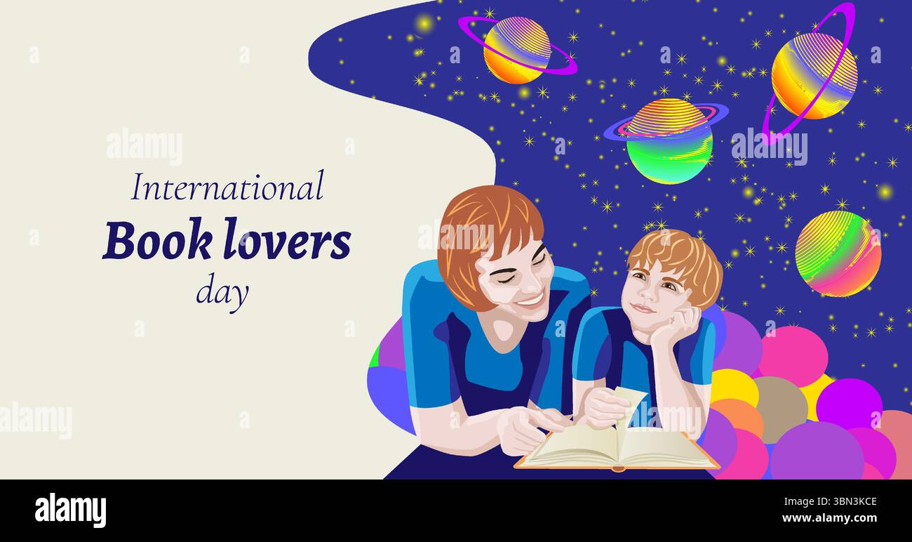 Mère et fils lisant livre. Ciel étoilé magique avec des planètes colorées. Journée internationale des amoureux du livre. Modèle horizontal. Illustration vectorielle. Illustration de Vecteur