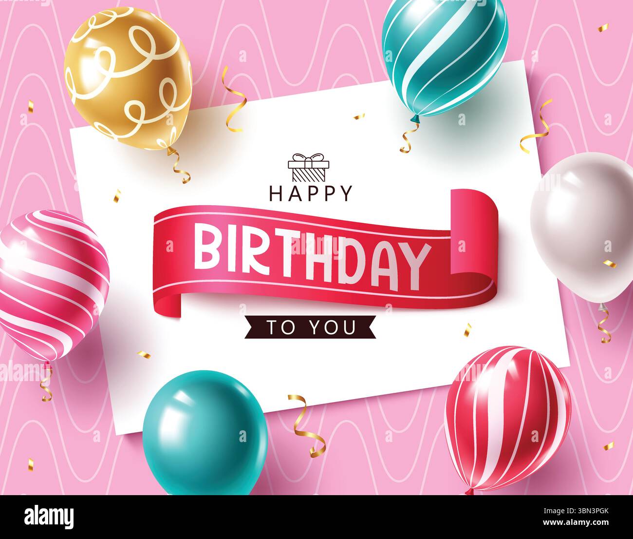 Clipart d'anniversaire sur le thème rose avec ballons 3D, confettis et typographie de ruban élégant. Illustration de Vecteur