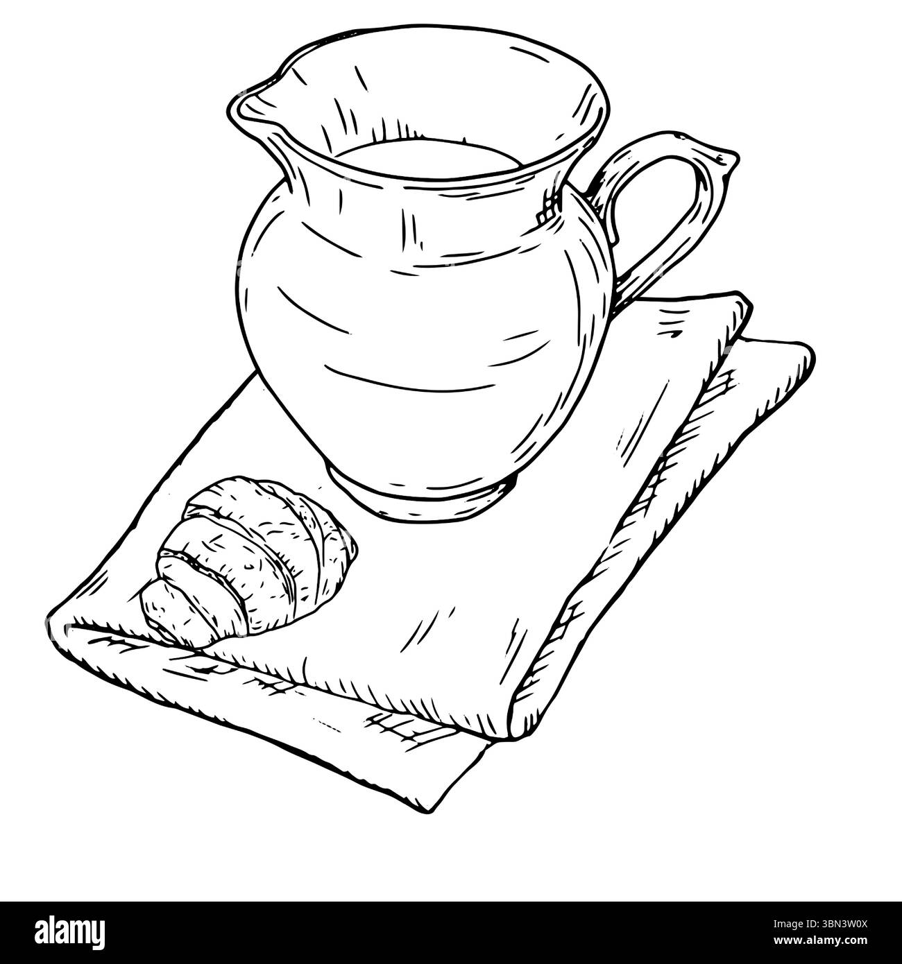 Pichet en céramique pour l'eau ou le lait et serviette pliée, croquis à l'encre noire et blanche. Illustration vectorielle. Lait dans un bol et un pain, petit déjeuner rustique, isolé o Illustration de Vecteur