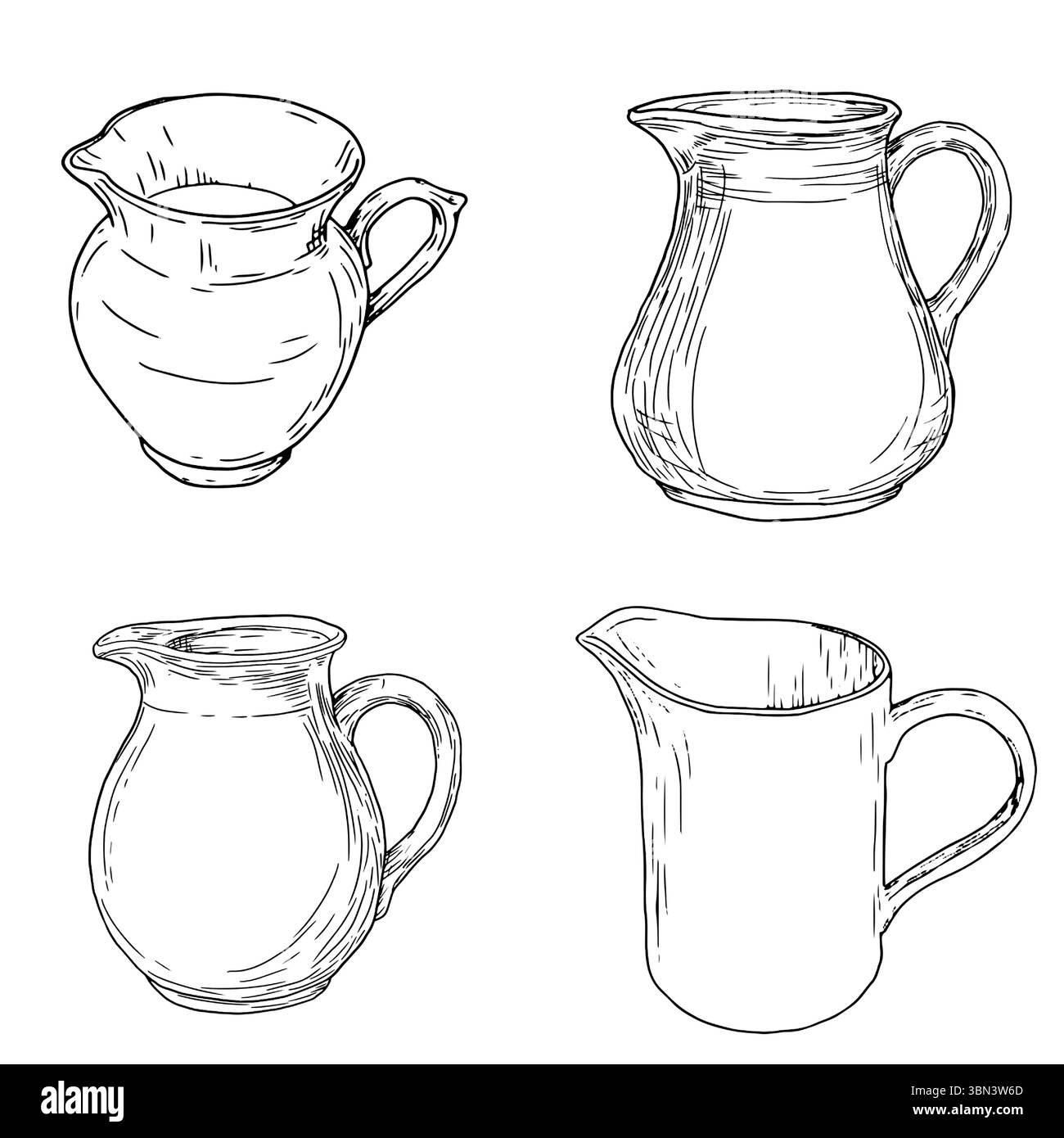 Pichet en céramique pour l'eau ou le lait, croquis à l'encre noire et blanche. Illustration vectorielle. Une carafe avec une poignée pour la salle de bain. Un ensemble d'utens ménagers Illustration de Vecteur
