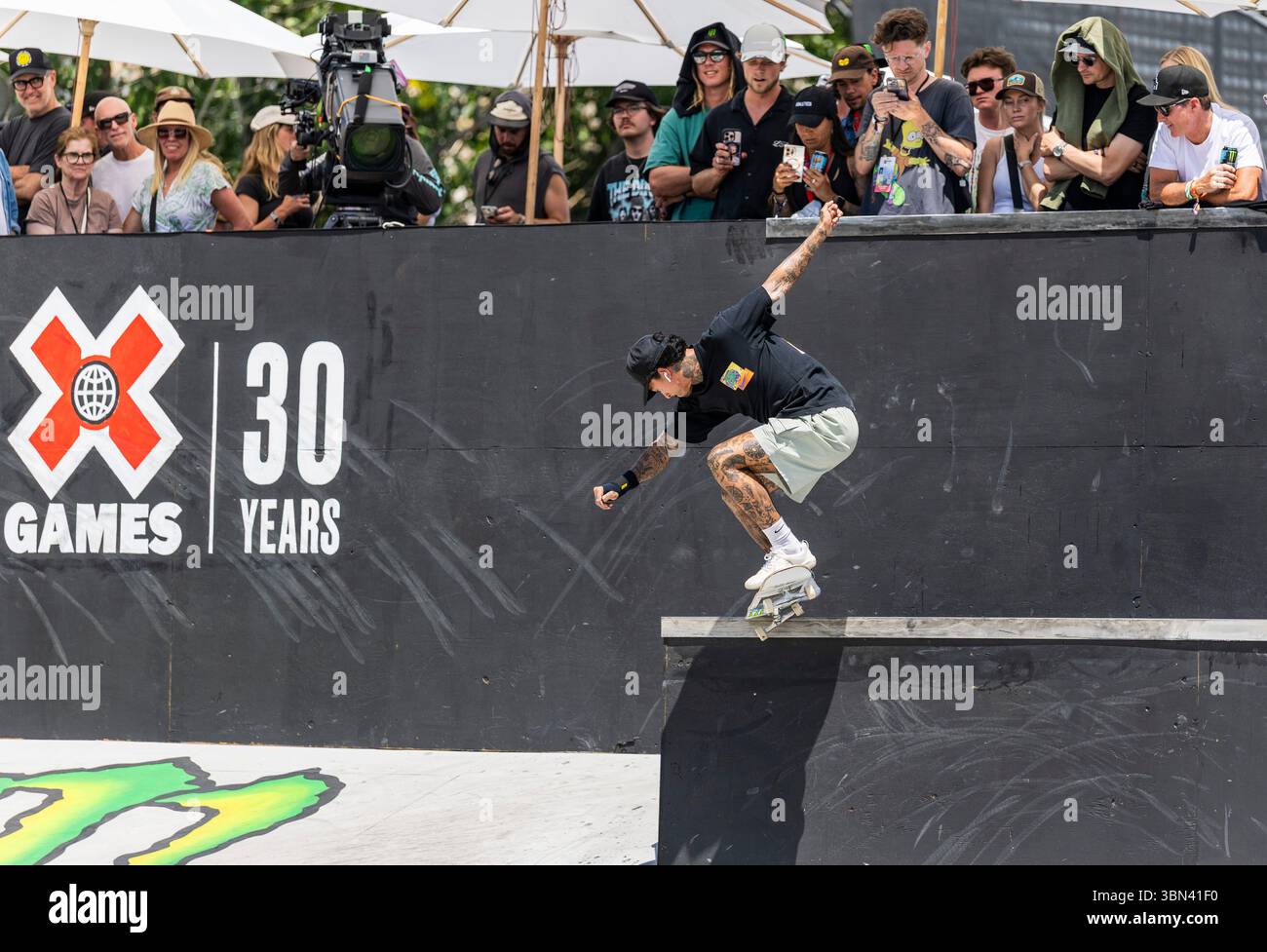 Juin 28 2025 Salt Lake City UT U.S.A. Skater Nyjah Huston en compétition dans la finale Xgames Mens Skateboard Street au Utah State Fairpark Salt Lake City UT. Thurman James/CSM Banque D'Images