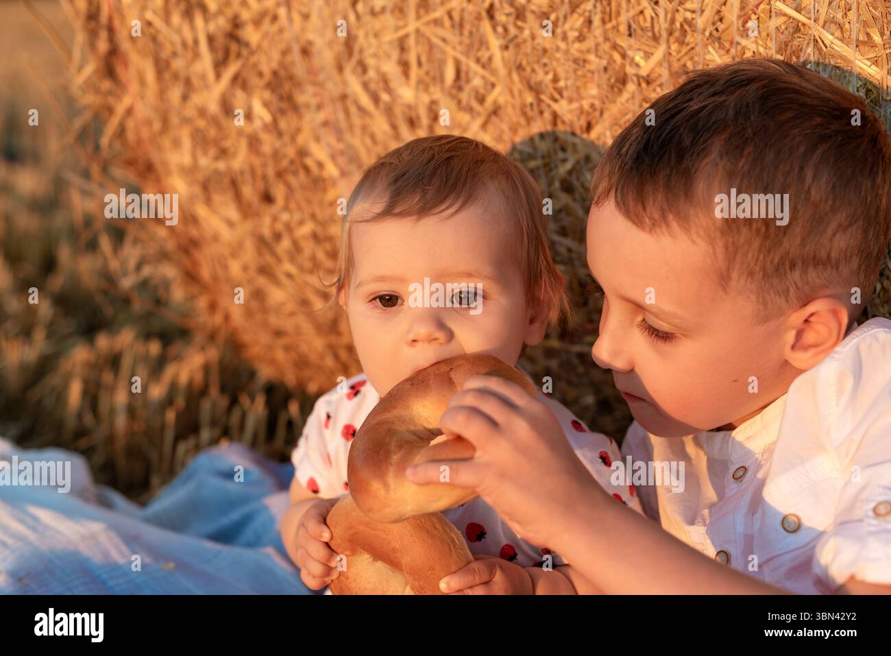 Petite fille et enfant garçon partageant des bagels sur un pique-nique. Banque D'Images