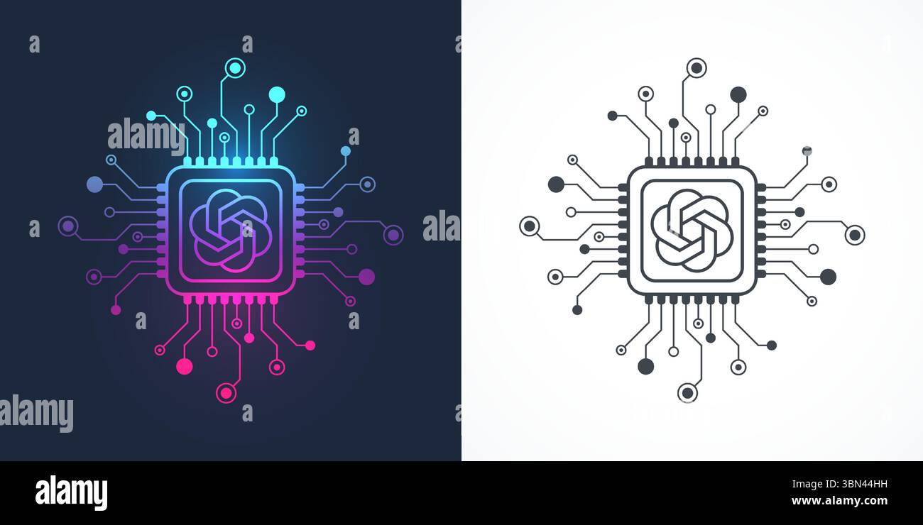 ChatGPT icône, signe, logo dans le style de ligne de circuit. Conception d'icône vectorielle de processeur chatbot AI. Chat carte mère GPT puce numérique pour affiche, bannière Illustration de Vecteur