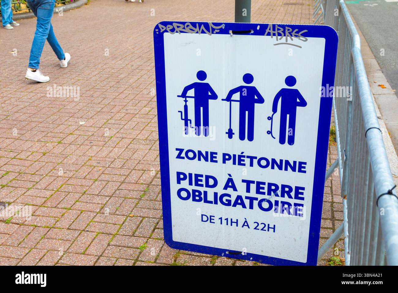France, hauts de France, Nord, Lille, panneau pour une zone piétonne où les scooters, skateboards et vélos ne peuvent pas être utilisés Banque D'Images