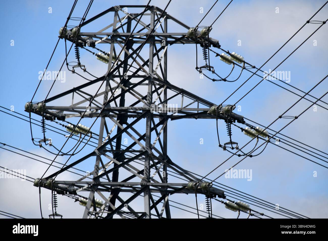 Fils électriques à haute tension et pylônes à Christchurch, Nouvelle-Zélande Banque D'Images Fils électriques à haute tension et pylônes à Christchurch, Nouvelle-Zélande Banque D'Images