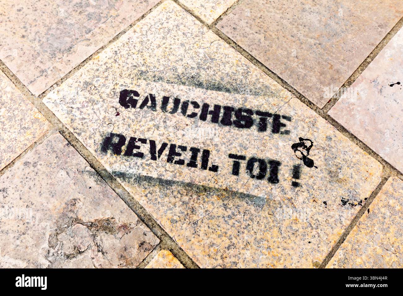 Paris, pochoir au sol avec les mots : gauchiste, réville-toi ! Banque D'Images