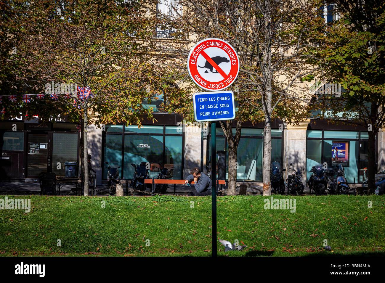 France, ile-de-France, Clichy-la-Garenne, signe interdisant les fientes de chien et l'amende correspondante Banque D'Images