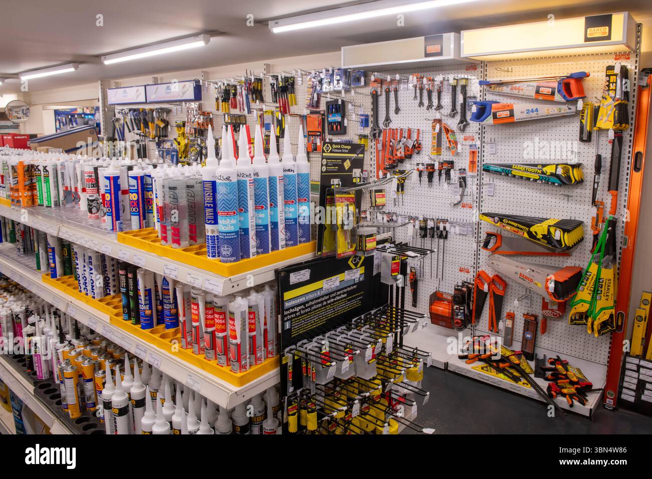 Intérieur de magasin de bricolage familial confortable présentant des étagères remplies d'outils, de peintures et de fournitures d'amélioration de la maison. Banque D'Images