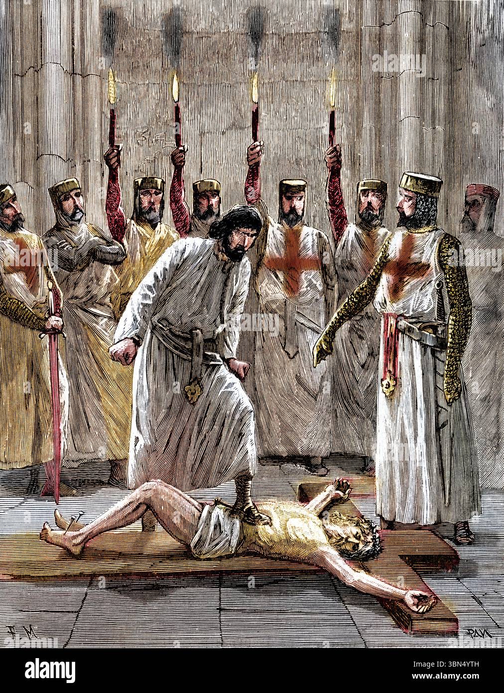 Hérésie templière : représentation d'un templier contraint de renier le christ et de piétiner la croix lors d'un rite d'initiation de l'ordre du temple après les confessions des templiers publiées après leur procès en 1307) Banque D'Images