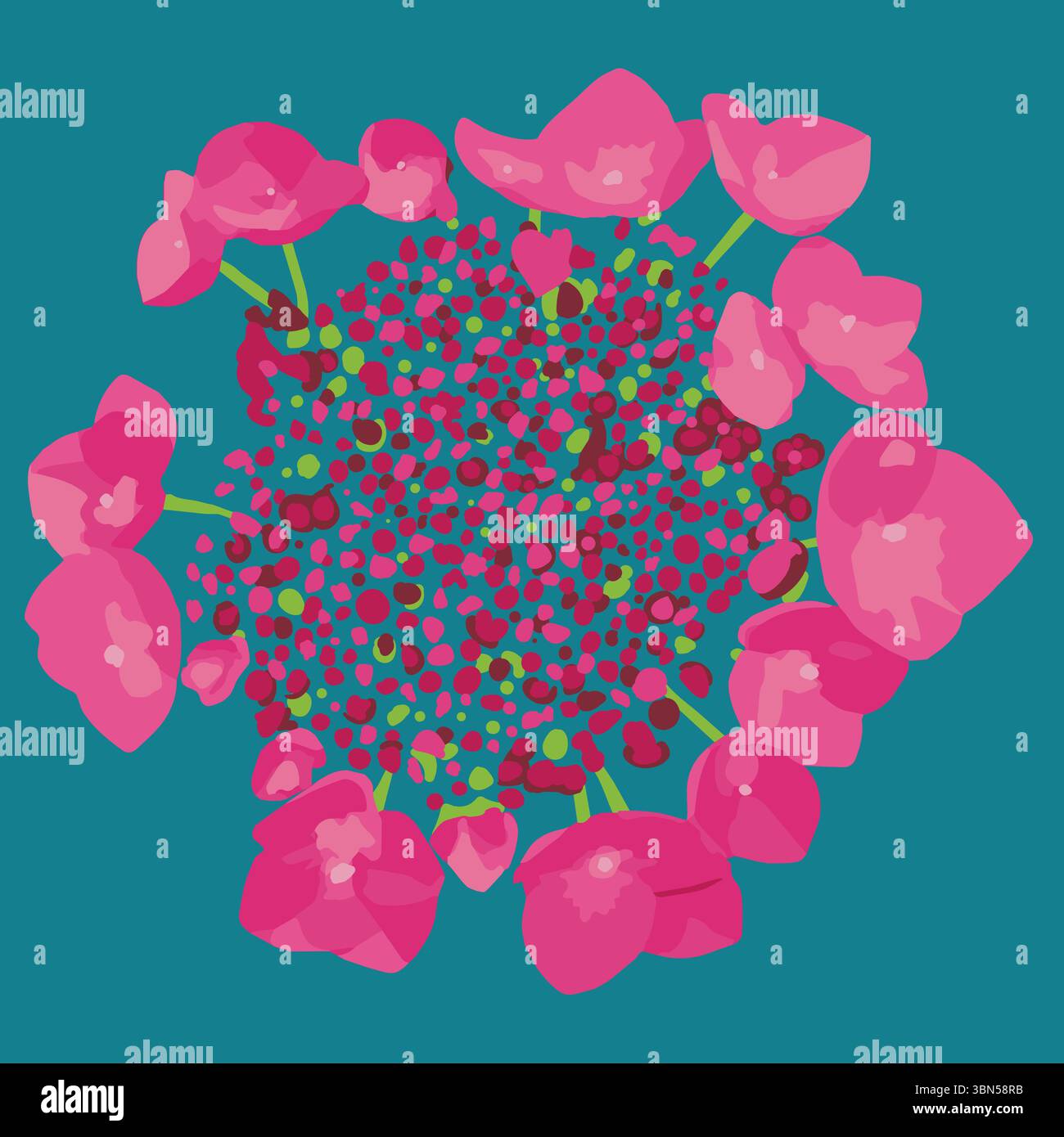 Illustration abstraite d'une fleur d'hortensia avec des pétales roses vibrants et un centre pointillé détaillé sur un fond sarcelle. Illustration de Vecteur