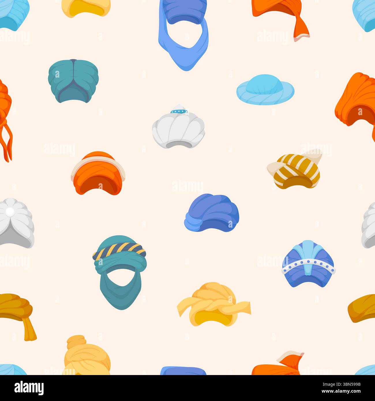 Accessoires de tête orientaux. Turbans modèle sans couture, coiffe musulmane traditionnelle de bande dessinée. Impression décorative pour la conception de tissu, fond vectoriel Illustration de Vecteur
