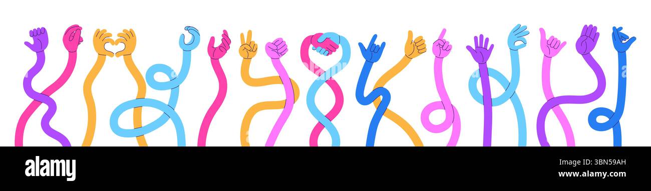 Mains de dessin animé étirées. Main humaine flexible, bras long montrant différents gestes. Bras courbes comiques lumineux, poignée de main, symbole d'amour, vecteur néotérique Illustration de Vecteur