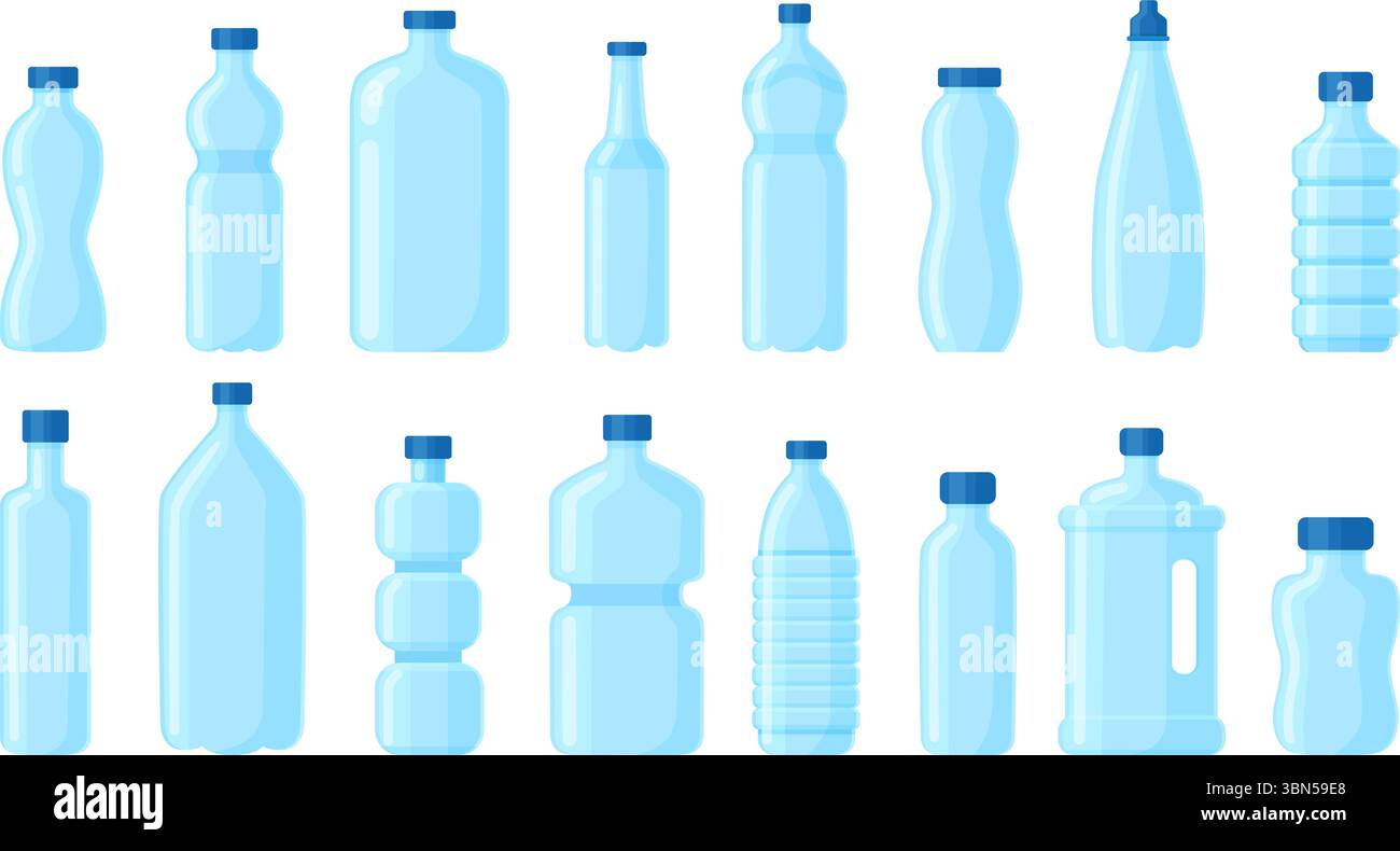 Bouteilles en plastique vides de dessin animé. Récipients pour liquides, eau potable et eau technique. Formes d'emballage Aqua, paquet de boissons, ensemble de vecteurs néotériques Illustration de Vecteur