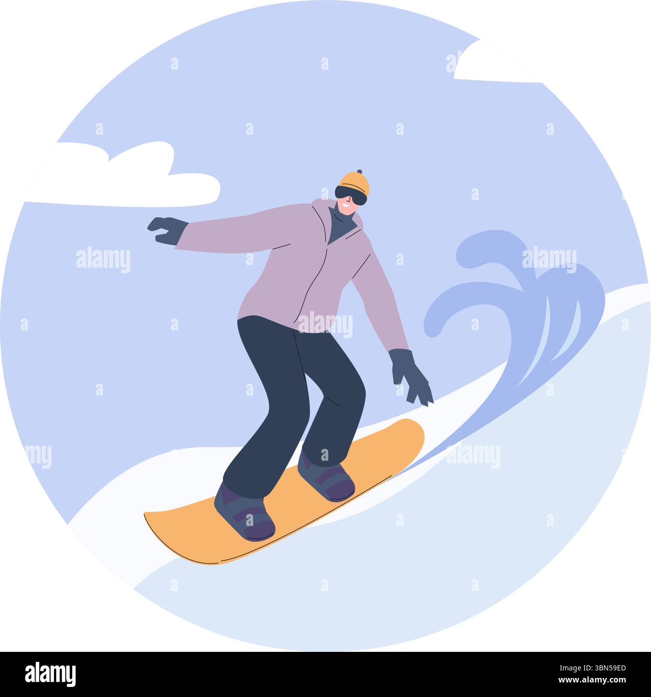 Temps de snowboard. Jeune homme sur snowboard roulant sur la pente enneigée de montagne. Personnages d'activité de plein air d'hiver, mode de vie sain, scène vectorielle de passe-temps Illustration de Vecteur