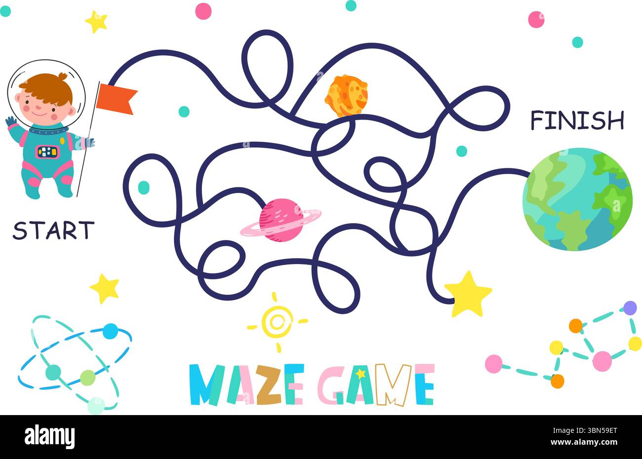 Jeu de labyrinthe simple pour les enfants. Drôle enfant astronaute dans la combinaison spatiale trouver chemin à la Terre. Jeu éducatif pour les tout-petits avec des éléments vectoriels de l'espace de dessin animé Illustration de Vecteur