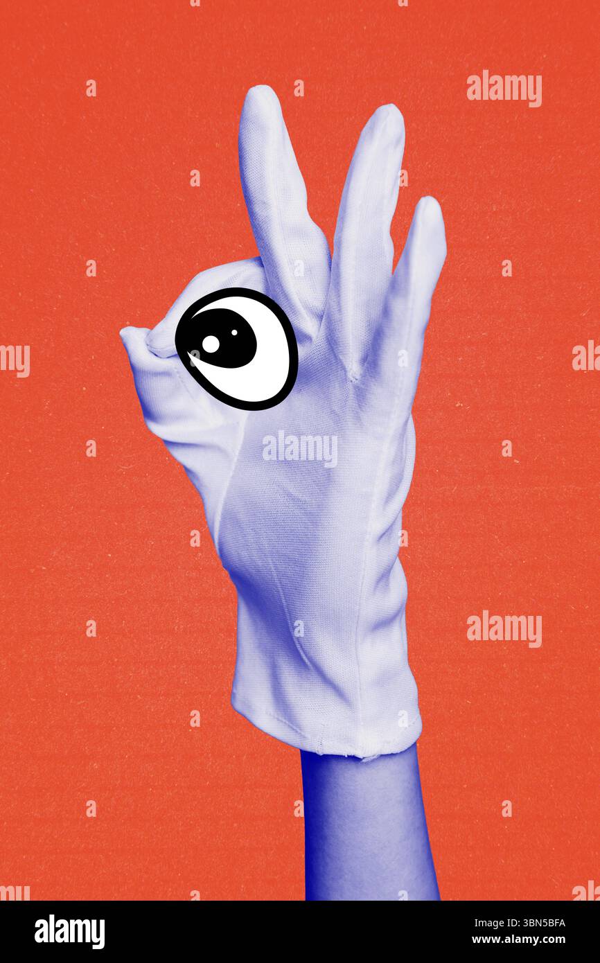 Croquis composite collage de photos 3D de gestes de langage corporel montrant le symbole de doigt OK illustration visage dessin animé expression emoji oeil Watch Banque D'Images