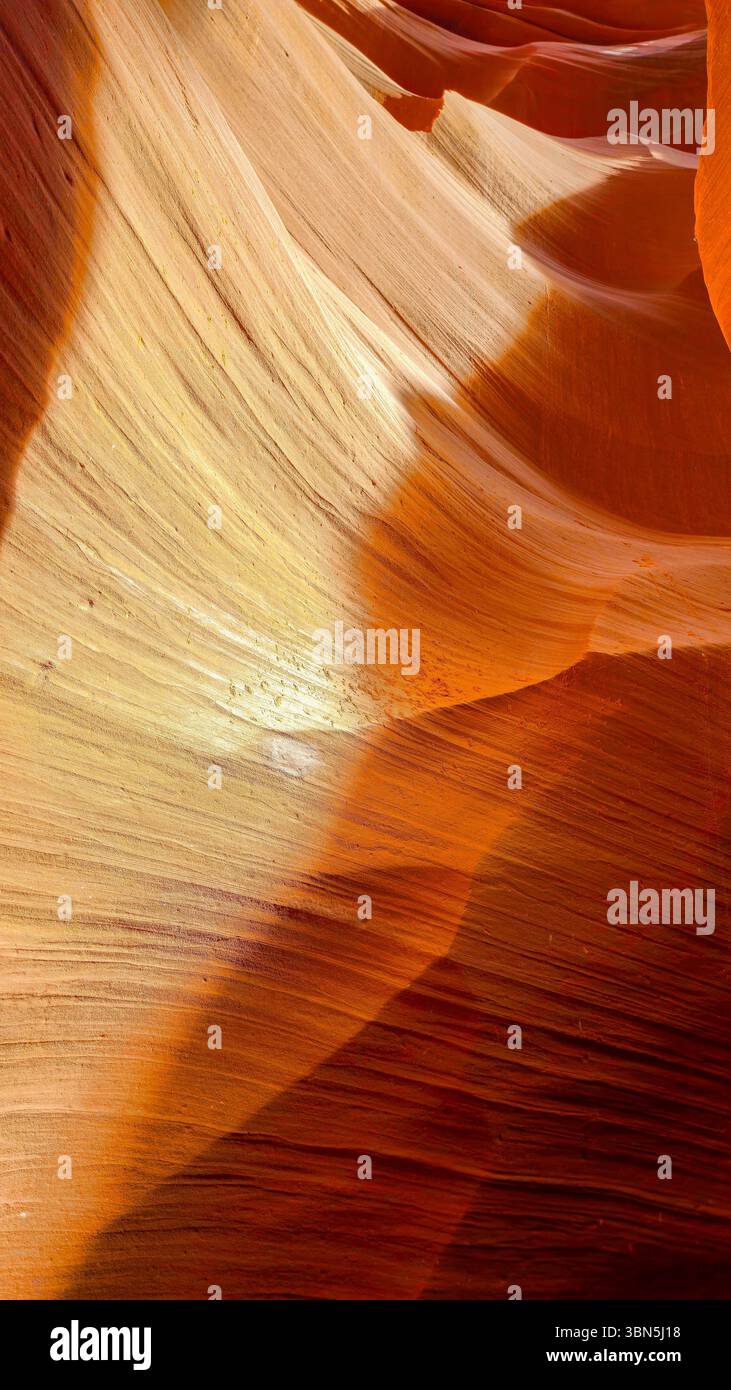 À l'intérieur d'Antelope Canyon : des murs de grès coulants éclairés par une douce lumière naturelle dans le canyon à fente emblématique de l'Arizona. Banque D'Images