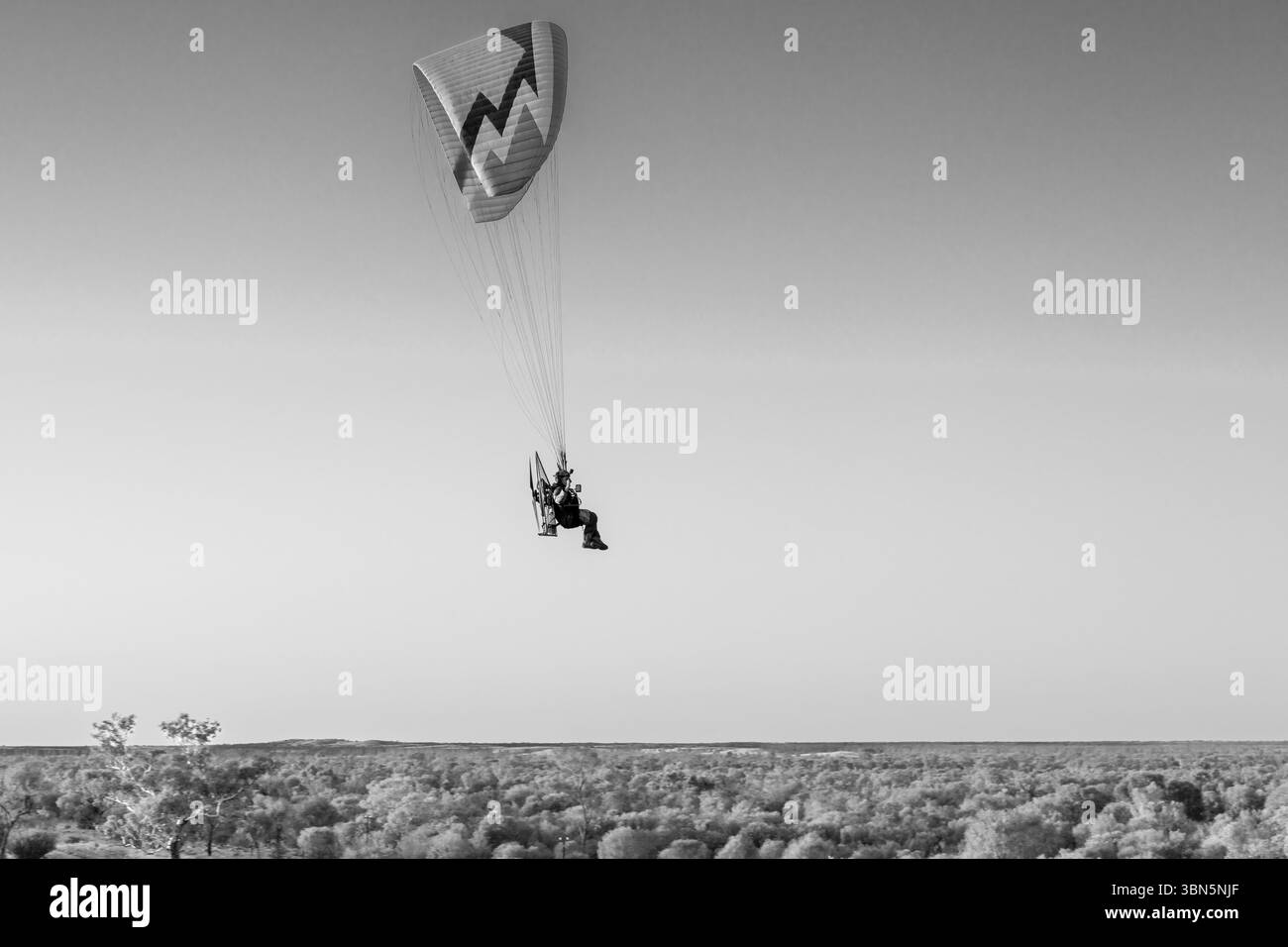 Parapente à travers le ciel vibrant du lever du soleil au-dessus d'Alice Springs, Australie centrale. Composition horizontale, noir et blanc, espace idéal pour le texte. Banque D'Images