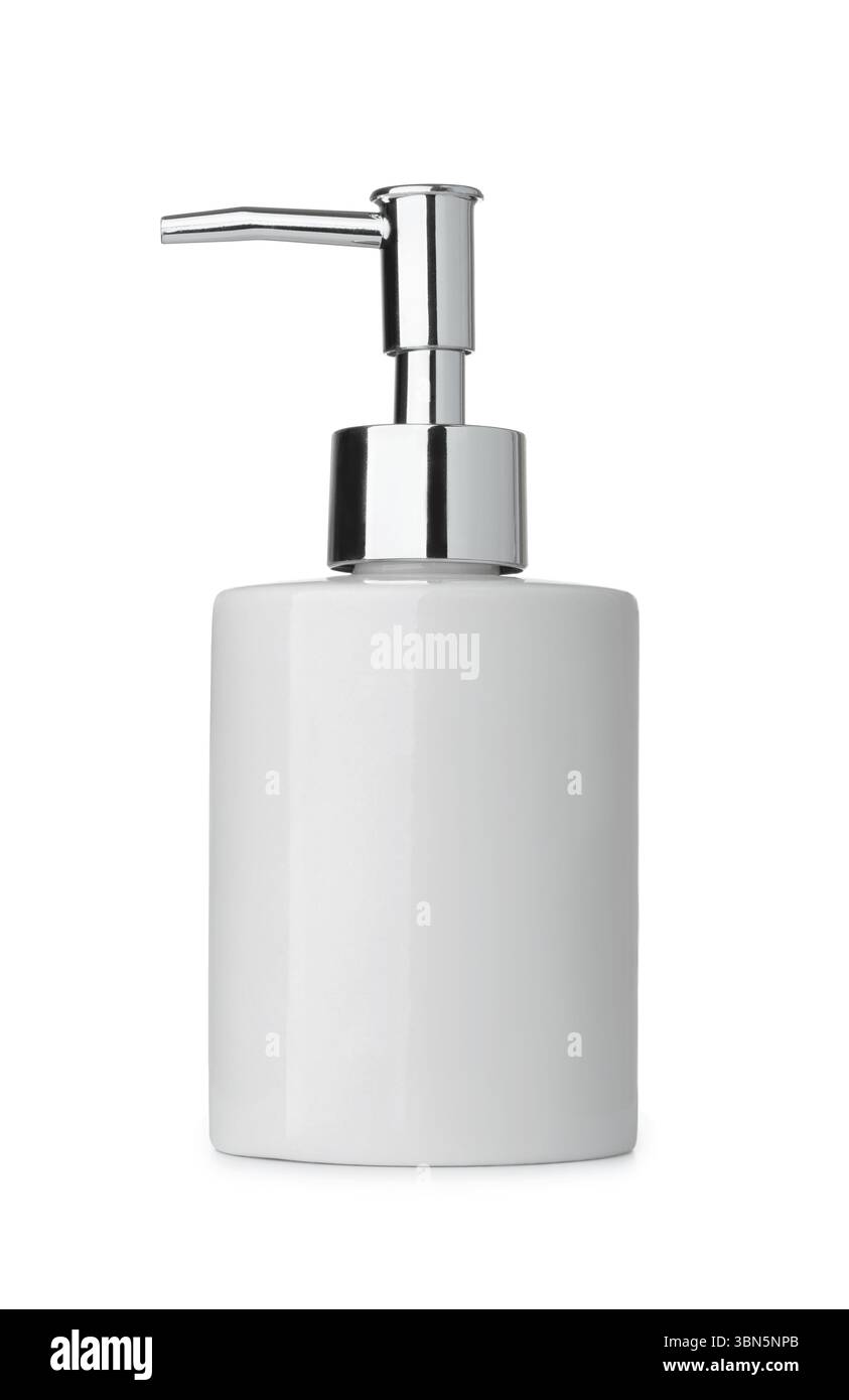 Vue latérale de la bouteille de distributeur de savon liquide en céramique isolée sur blanc Banque D'Images