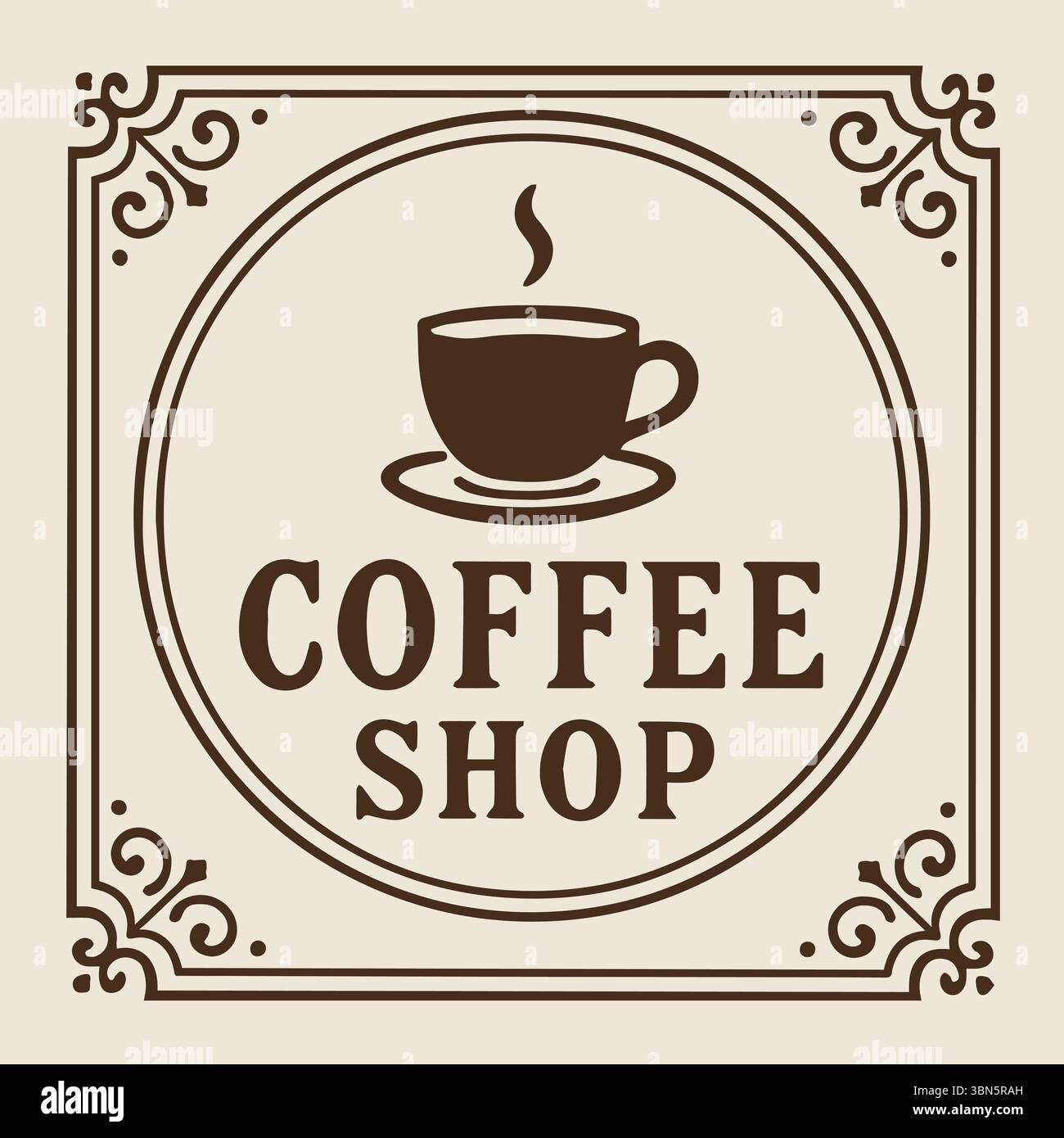 Vintage Coffee Shop logo Design avec tasse à vapeur et bordure élégante Illustration de Vecteur