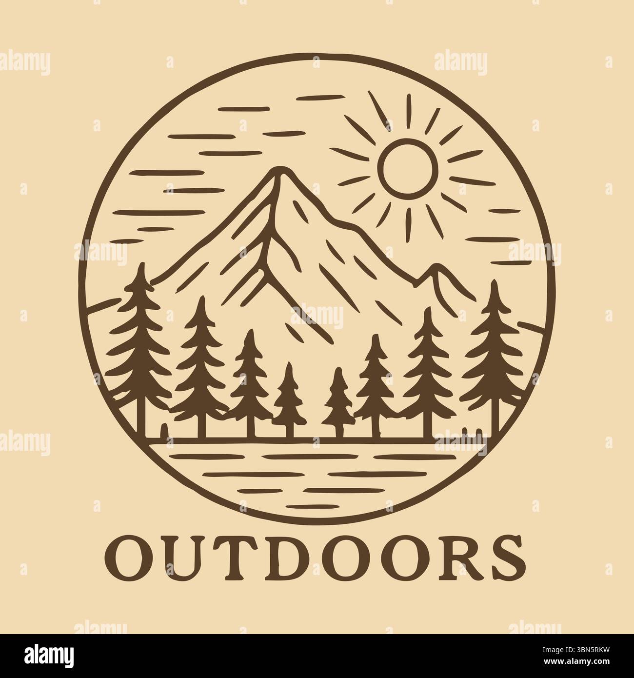 Monoline Adventure Horizon Majestic Mountains Pine Forest Sunrise Outdoors emblème Illustration de Vecteur